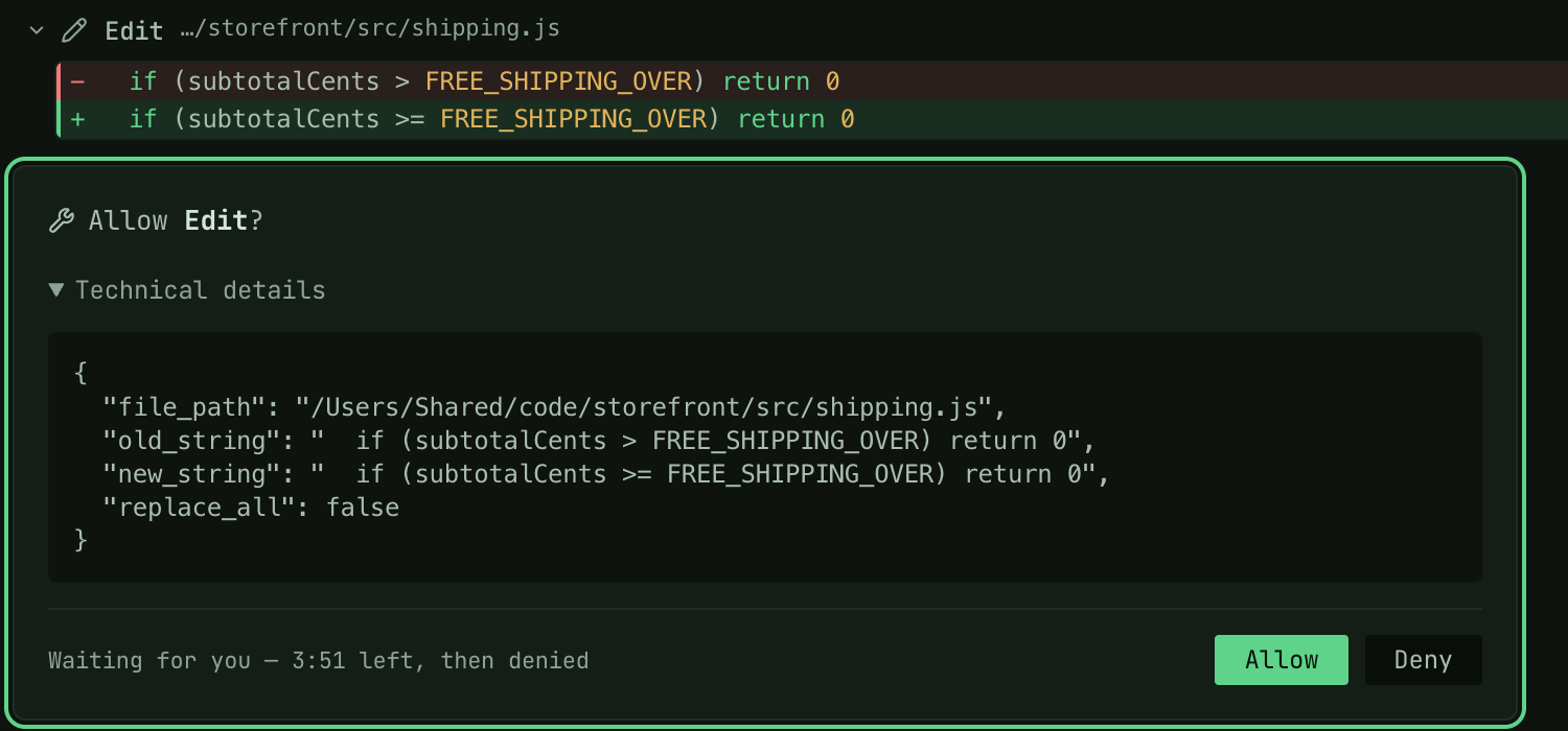 An Edit diff turning > into >= in shipping.js and the Allow Edit card, waiting for you