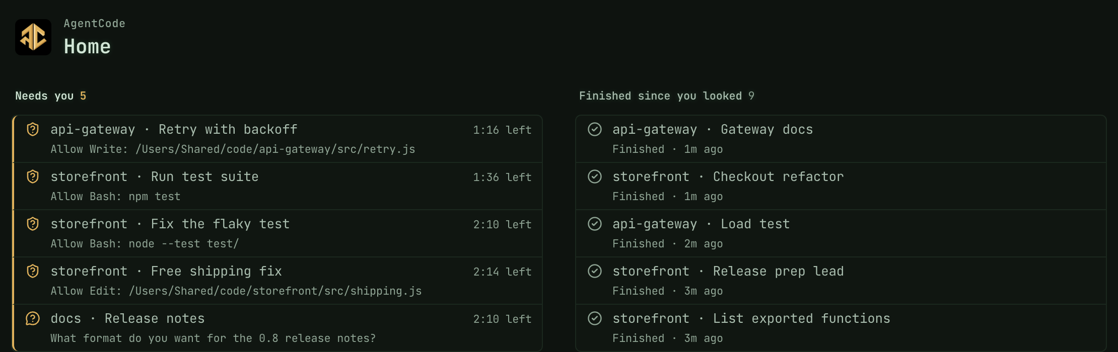 AgentCode Home: five agents under Needs you across three projects, one working, and nine finished since you looked