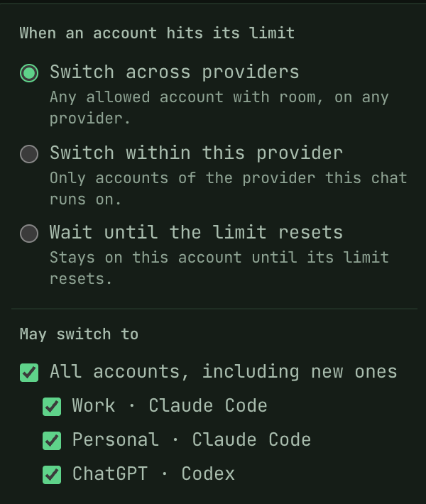 When an account hits its limit: switch across providers, within this provider, or wait for the reset