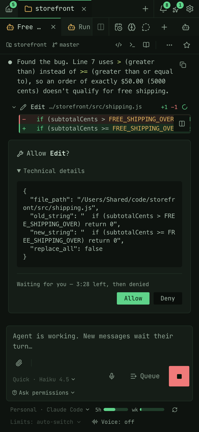 AgentCode on a phone: the Allow Edit card under its diff