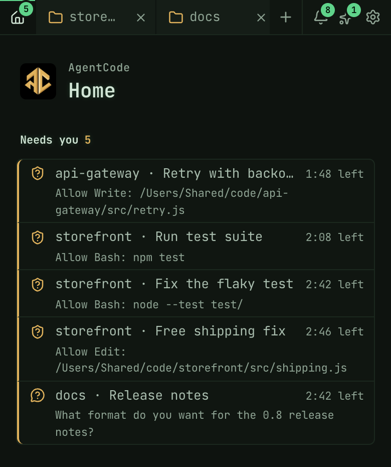 AgentCode on a phone: Home with five agents under Needs you