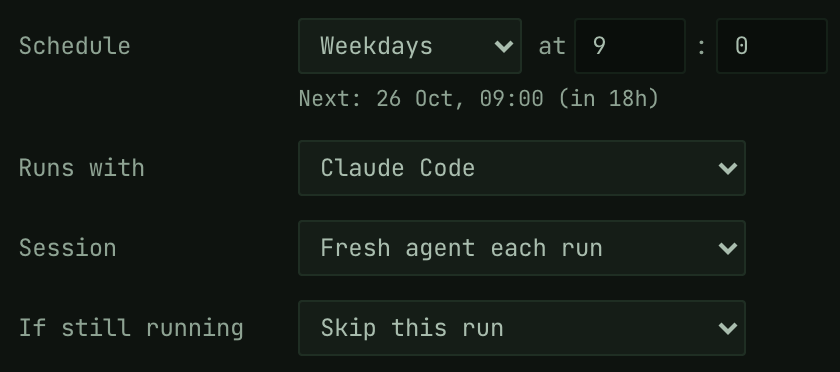 The routine’s schedule: weekdays at 9:00, next on 26 Oct, a fresh agent each run, skipped if the last one is still running