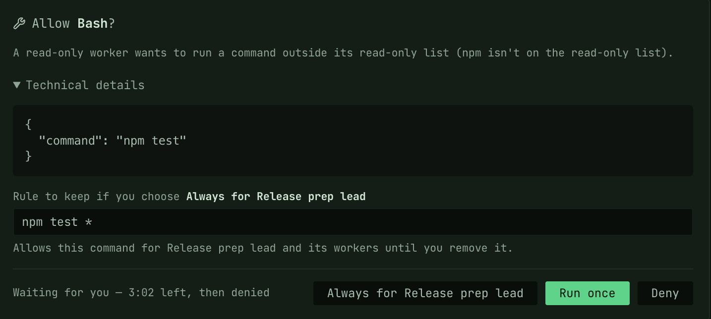 A worker asks to run npm test; Always for Release prep lead keeps the rule npm test * for the lead and its workers